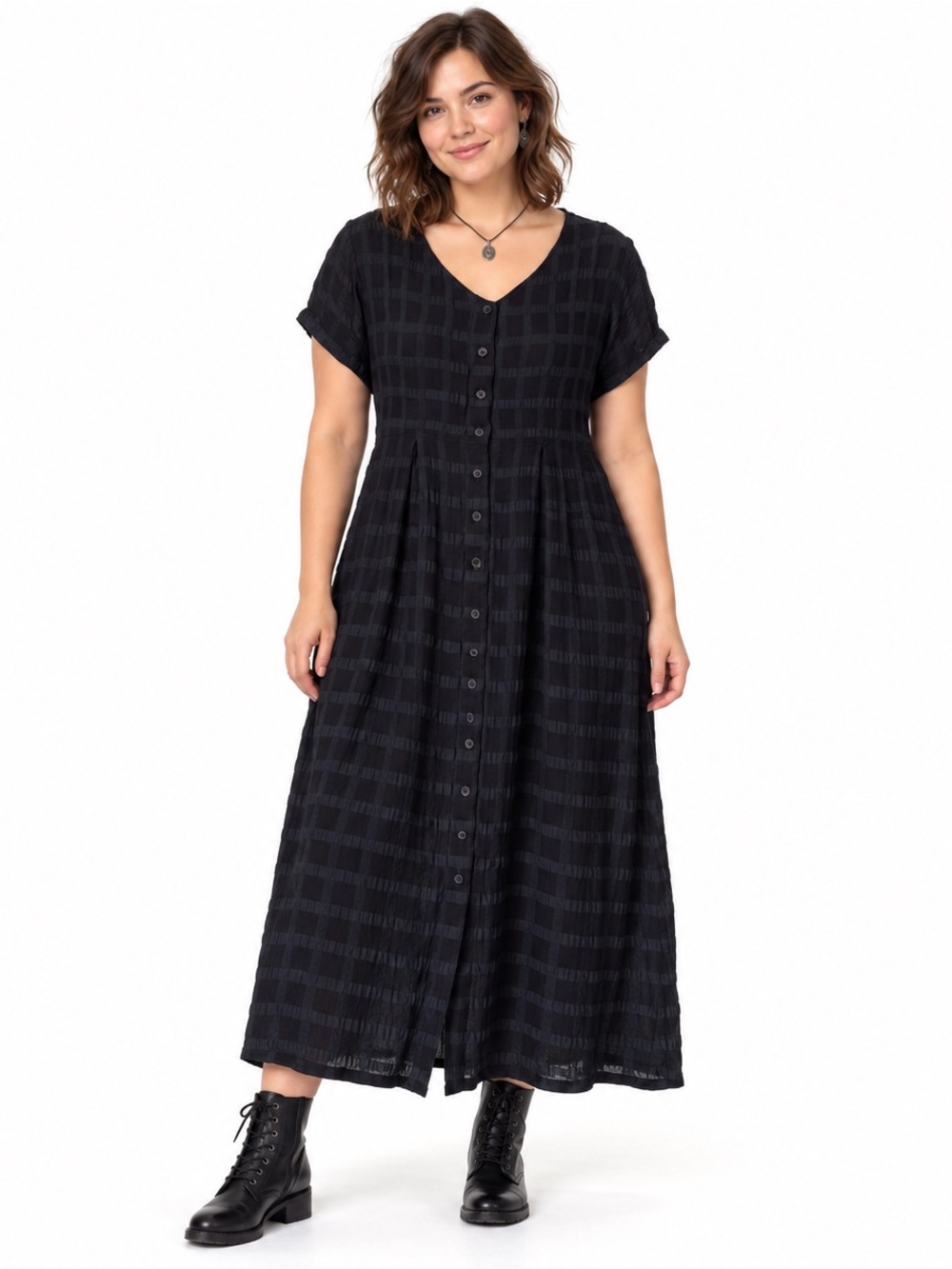 Vintage 90s Maxi Dress Cartoon Navy Black Plaid Button Front sz 16 Rayon Grunge